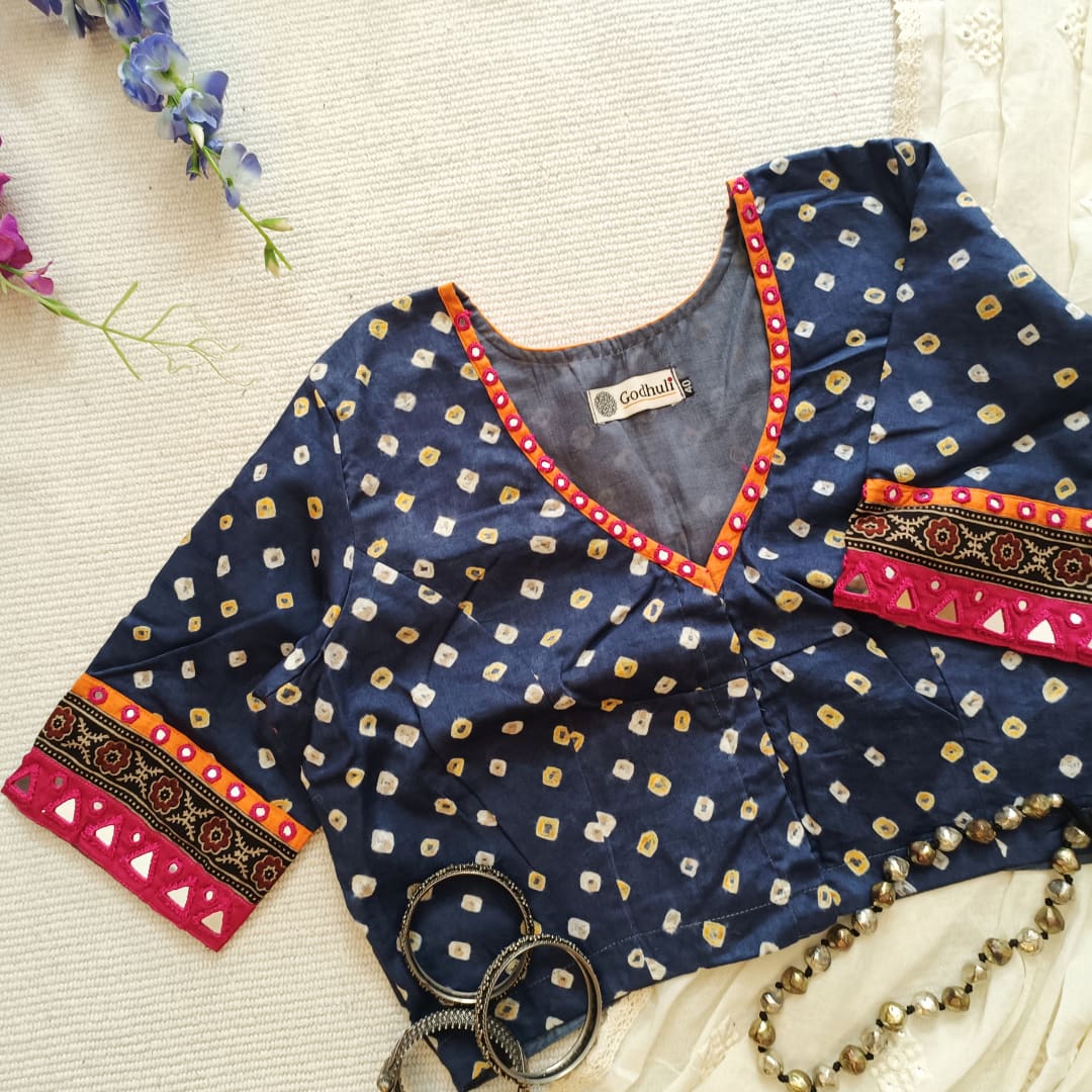 Prussian Blue Grey Bandhani Readymade Blouse with Mirror Work | Godhuli