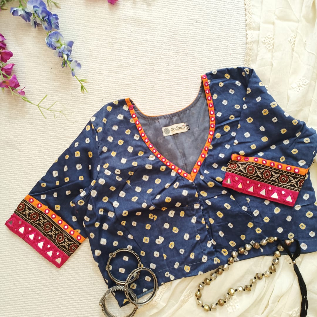 Prussian Blue Grey Bandhani Readymade Blouse with Mirror Work | Godhuli
