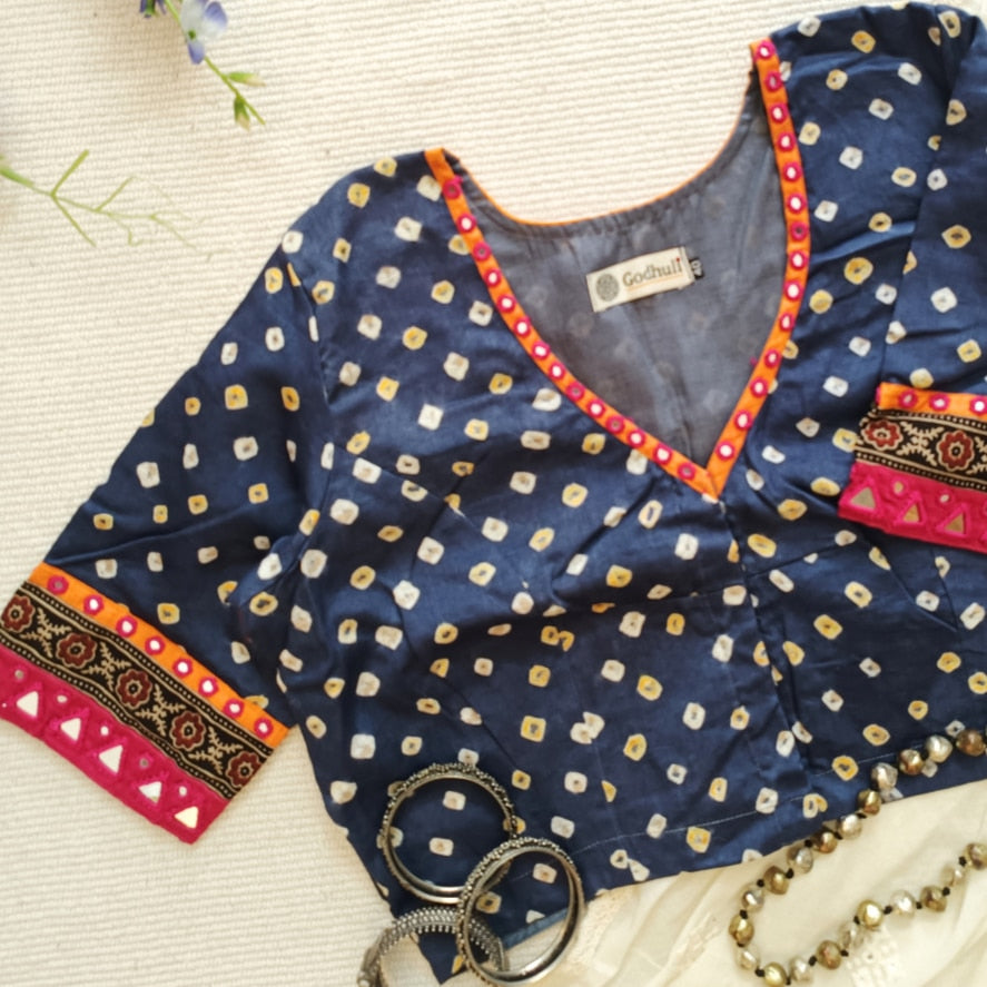 Prussian Blue Grey Bandhani Readymade Blouse with Mirror Work | Godhuli
