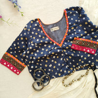 Prussian Blue Grey Bandhani Readymade Blouse with Mirror Work | Godhuli