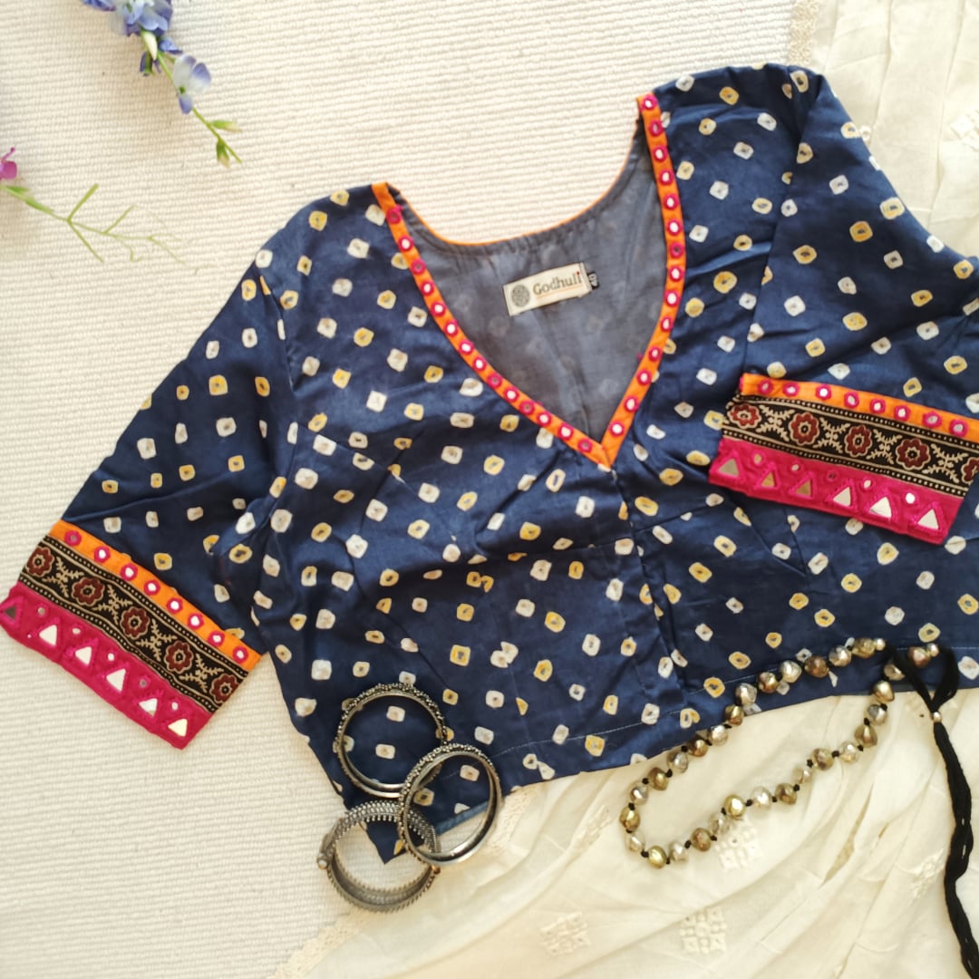 Prussian Blue Grey Bandhani Readymade Blouse with Mirror Work | Godhuli