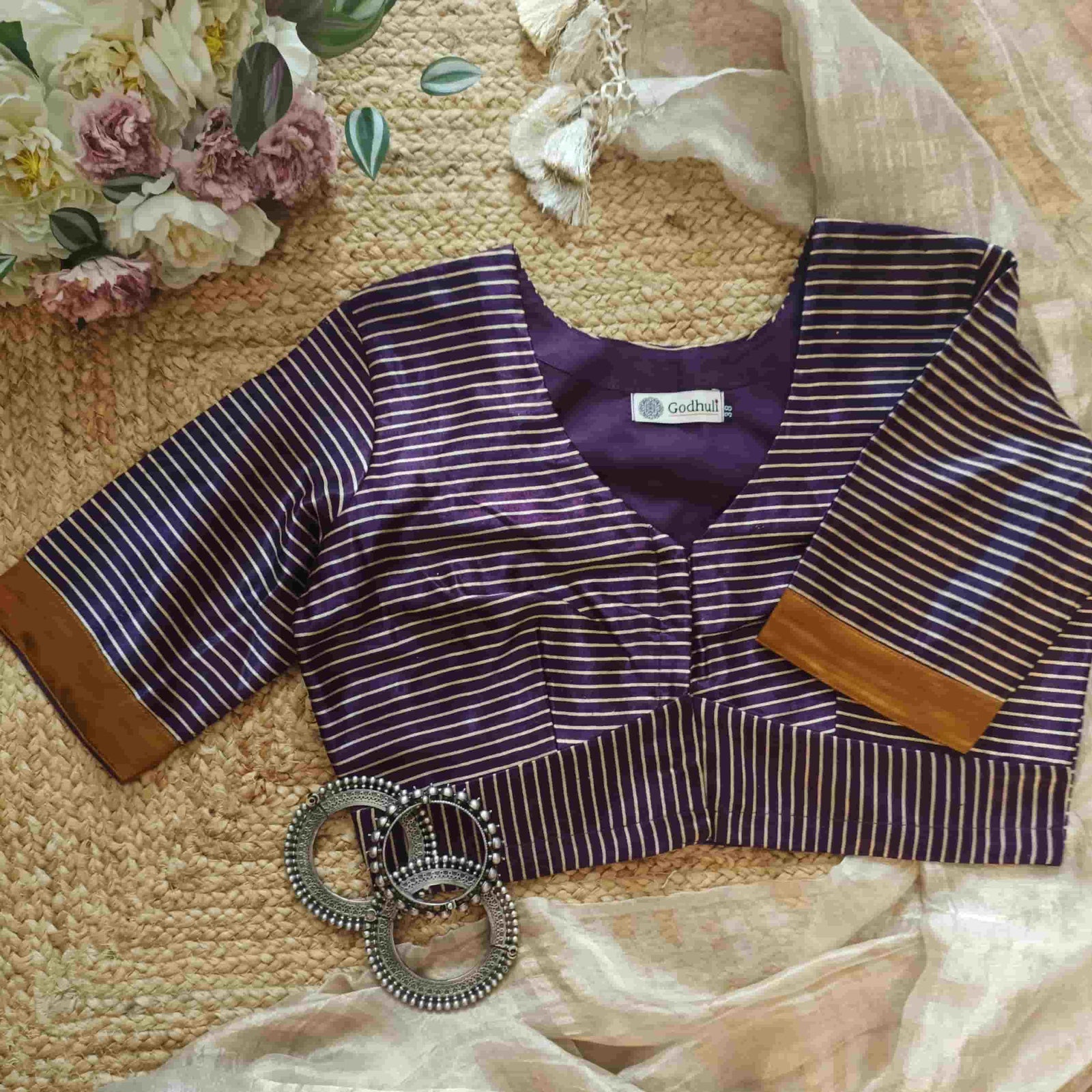 Purple Wine Gaji Silk Stripes Readymade Blouse | Godhuli