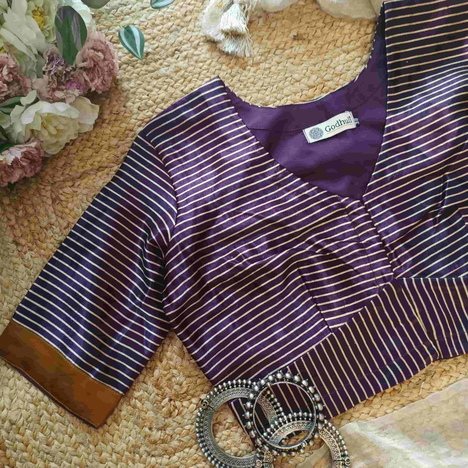 Purple Wine Gaji Silk Stripes Readymade Blouse | Godhuli