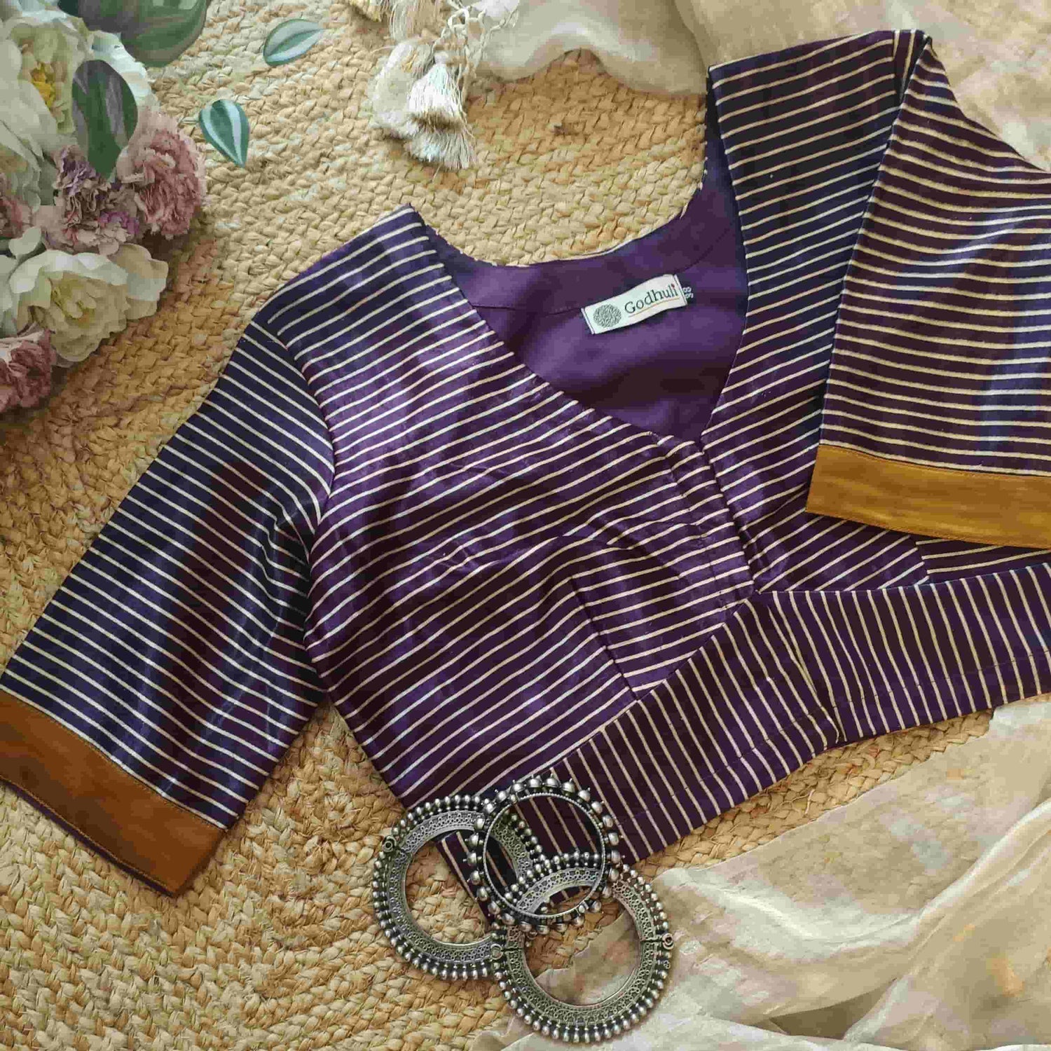 Purple Wine Gaji Silk Stripes Readymade Blouse | Godhuli