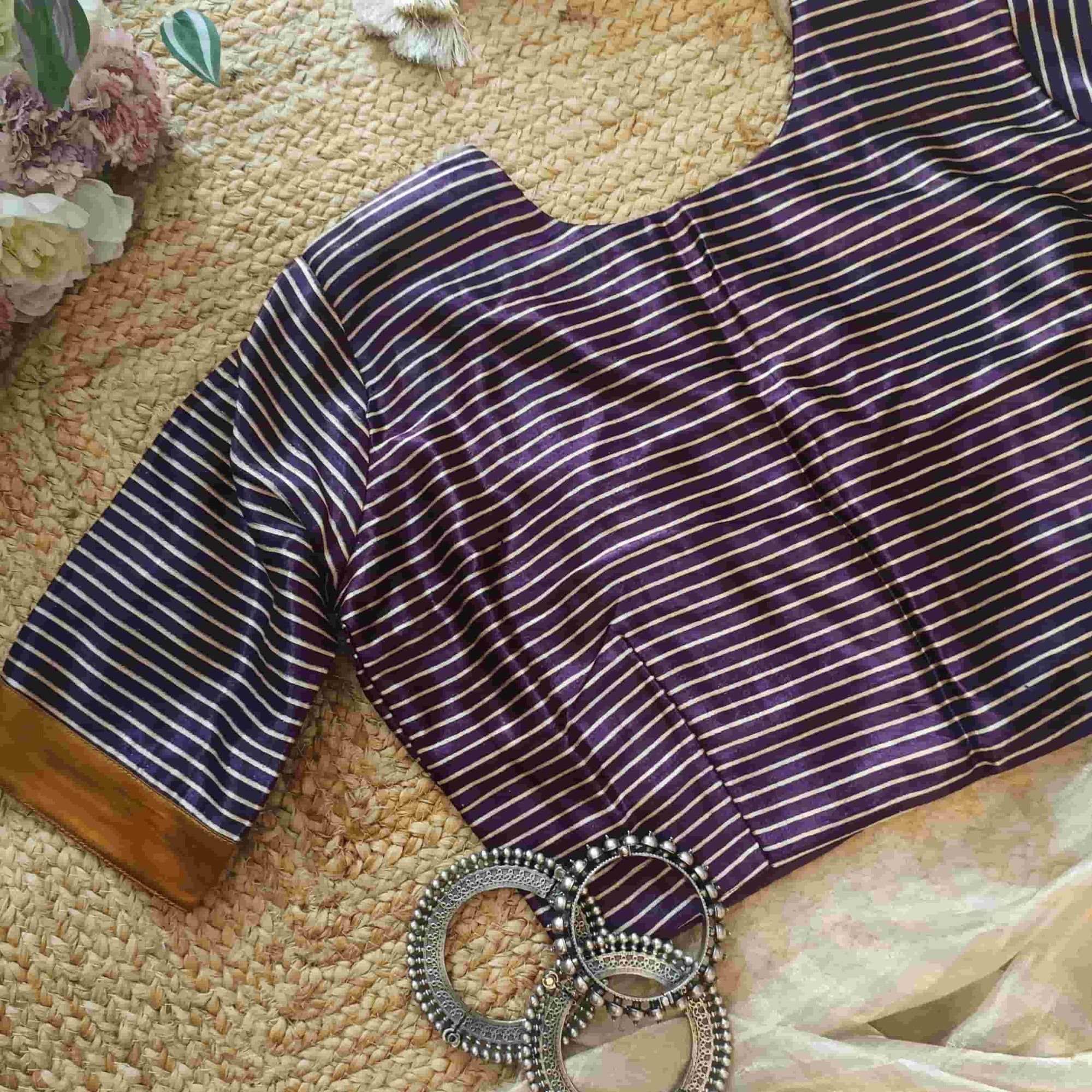 Purple Wine Gaji Silk Stripes Readymade Blouse | Godhuli