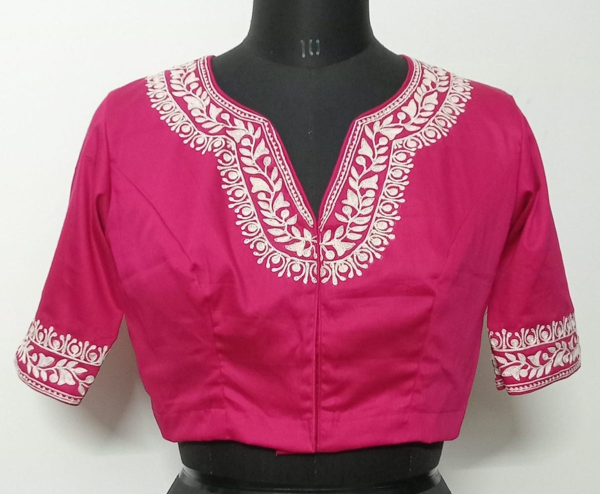 Rani Readymade Blouse in off white Aari work Embroidery | Godhuli