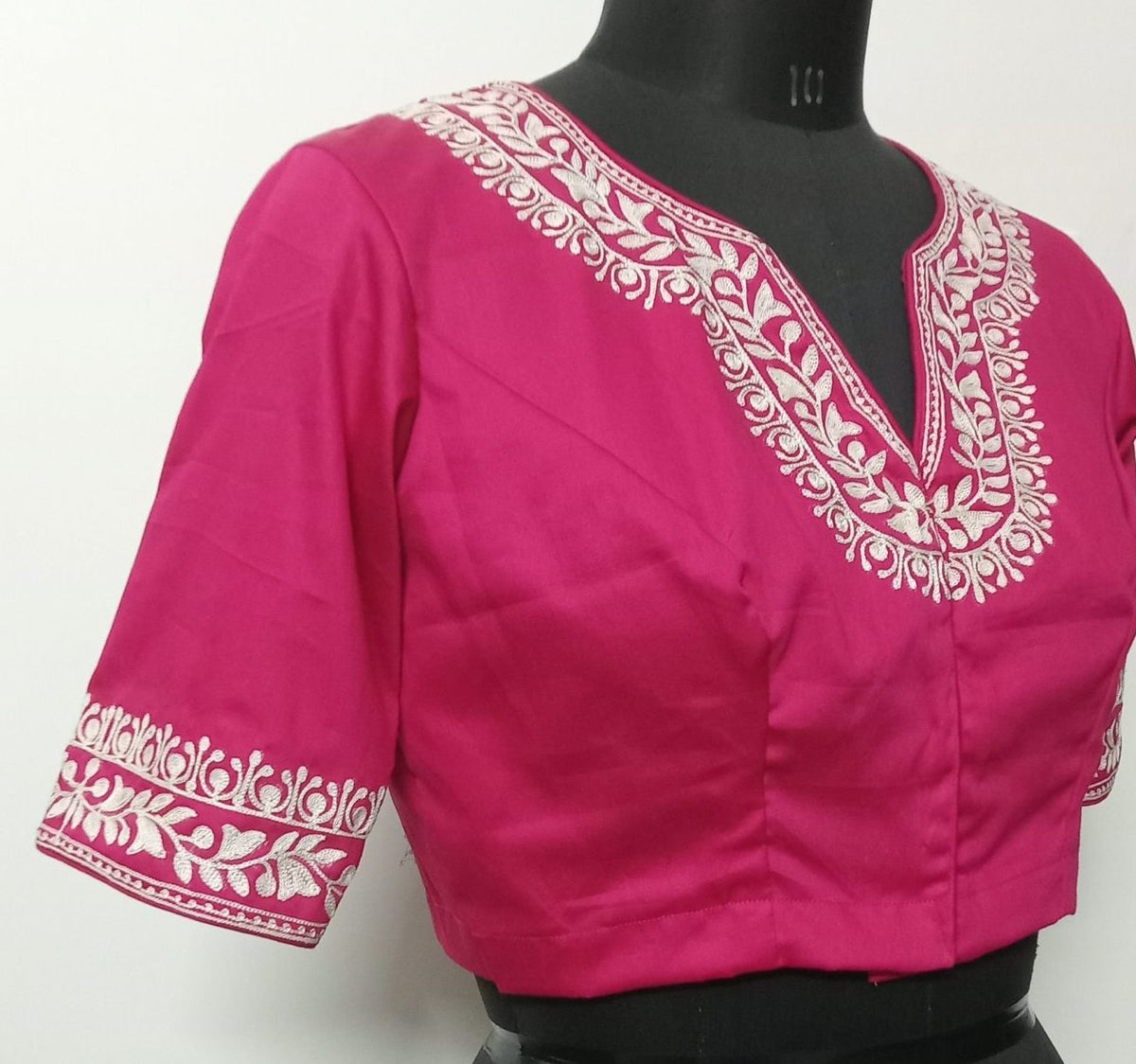 Rani Readymade Blouse in off white Aari work Embroidery | Godhuli