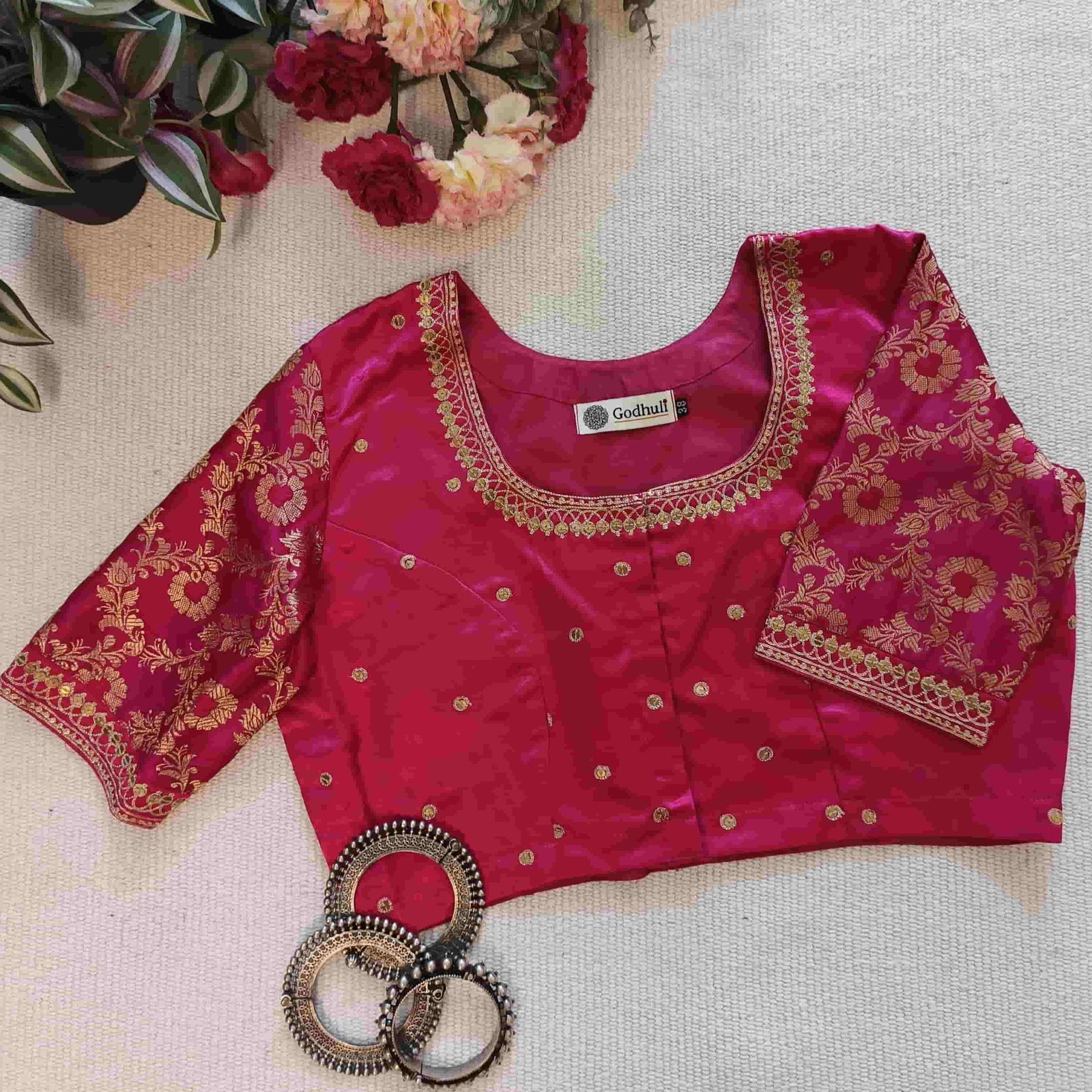 Rani Gaji Silk Brocade Sleeves Aari Work Readymade Blouse | Godhuli