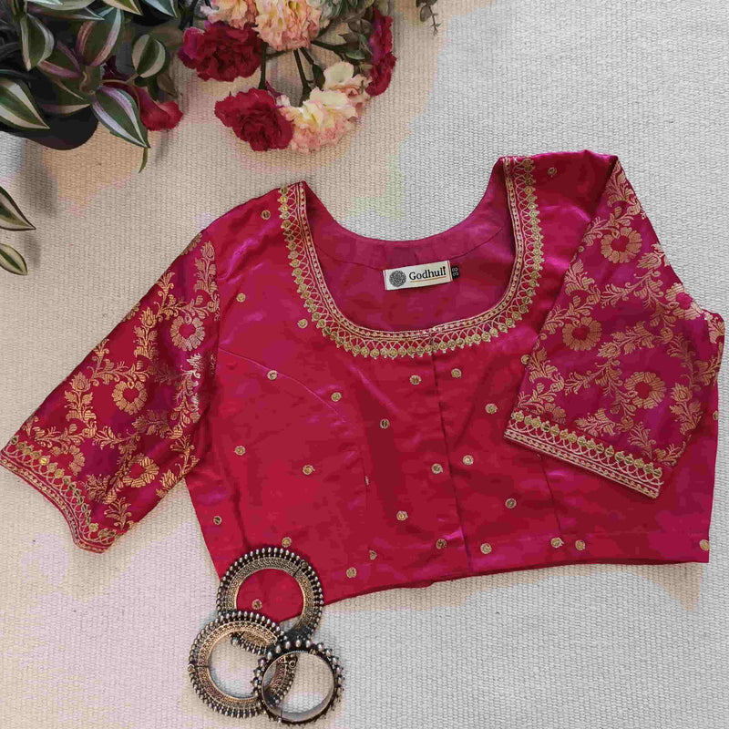 Rani Gaji Silk Brocade Sleeves Aari Work Readymade Blouse | Godhuli