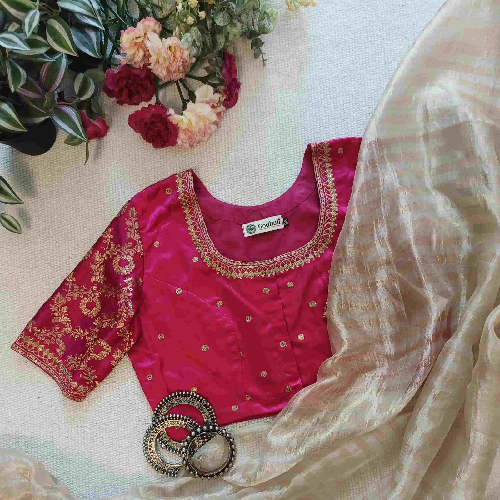 Rani Gaji Silk Brocade Sleeves Aari Work Readymade Blouse | Godhuli