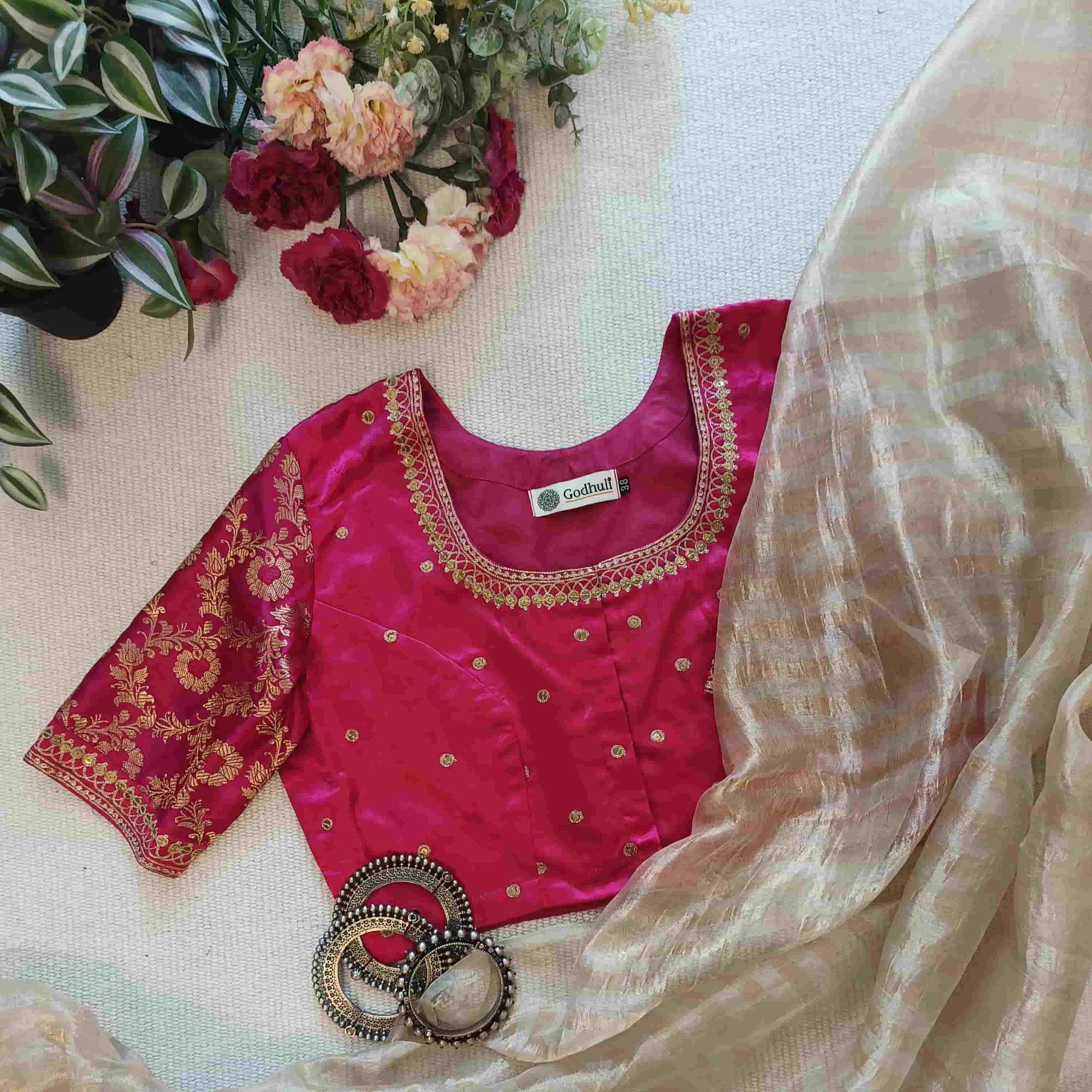 Rani Gaji Silk Brocade Sleeves Aari Work Readymade Blouse | Godhuli