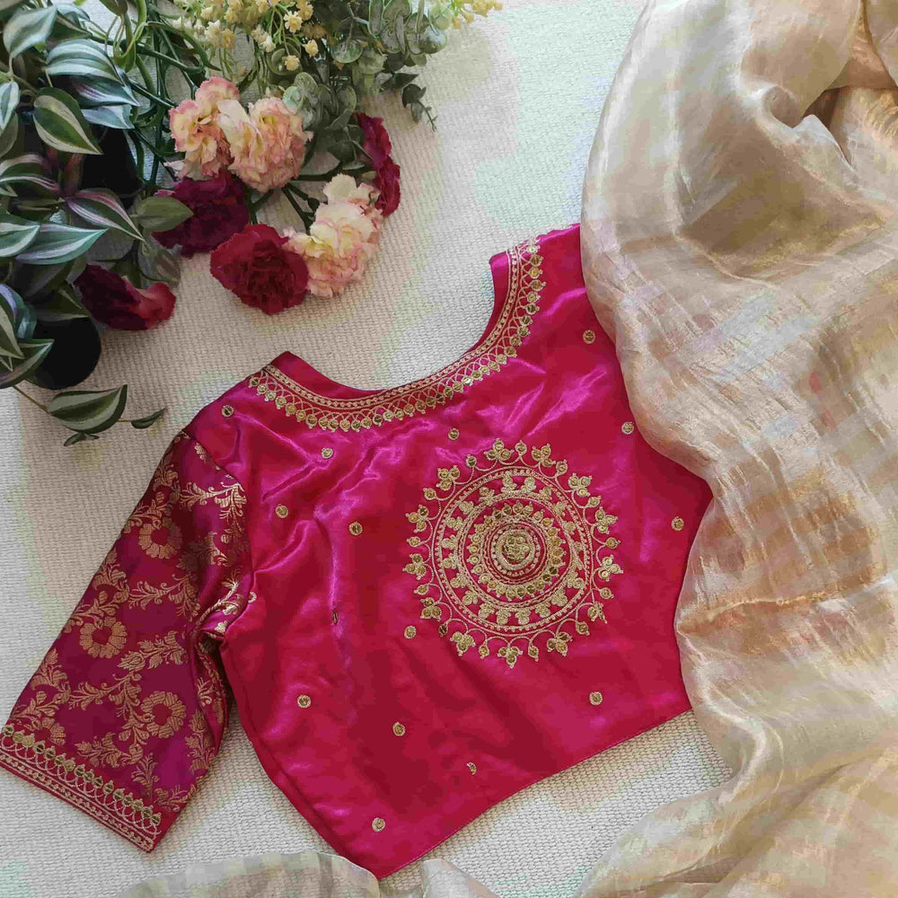 Rani Gaji Silk Brocade Sleeves Aari Work Readymade Blouse | Godhuli