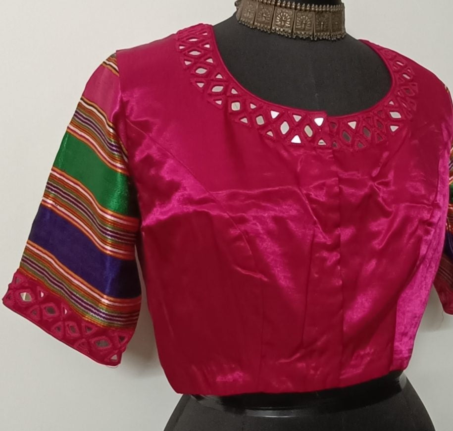 Rani Gaji silk Mirrorwork Readymade Blouse with Mulicoloured Sleeves | Godhuli