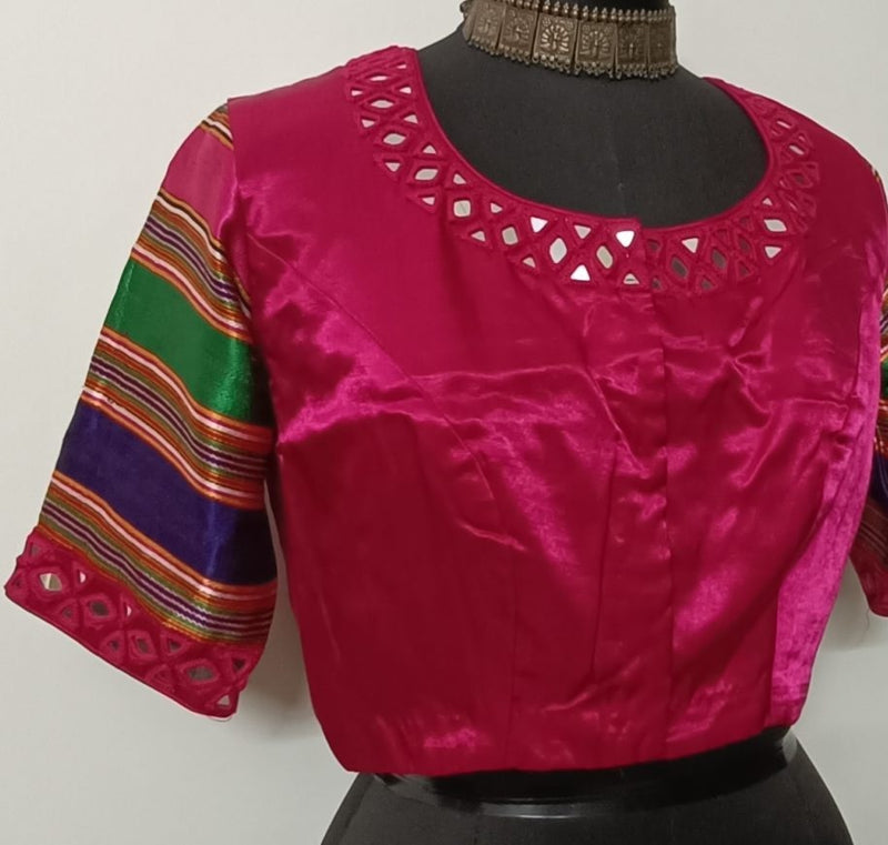 Rani Gaji silk Mirrorwork Readymade Blouse with Mulicoloured Sleeves | Godhuli