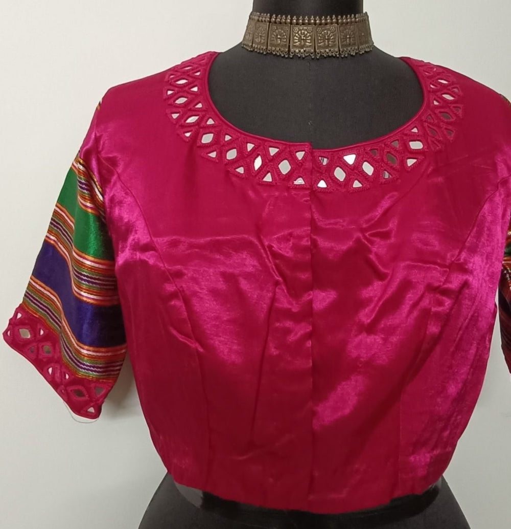 Rani Gaji silk Mirrorwork Readymade Blouse with Mulicoloured Sleeves | Godhuli