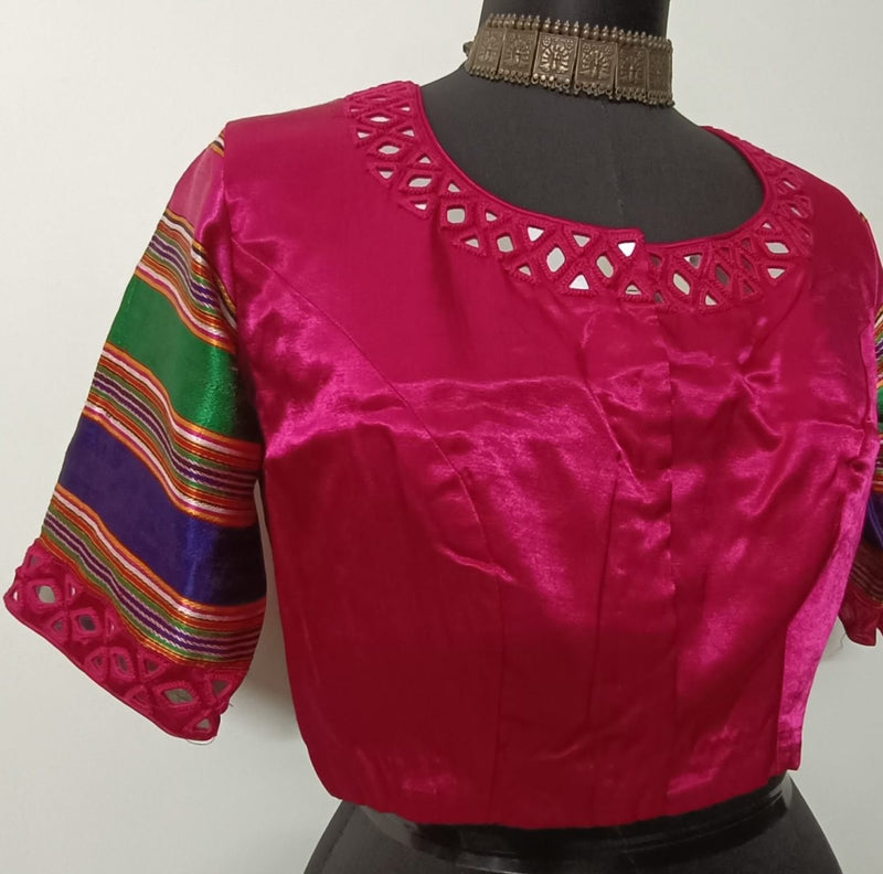 Rani Gaji silk Mirrorwork Readymade Blouse with Mulicoloured Sleeves | Godhuli