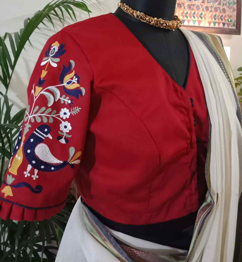 Red Cotton Readymade Blouse with Embroidered Sleeves | Godhuli