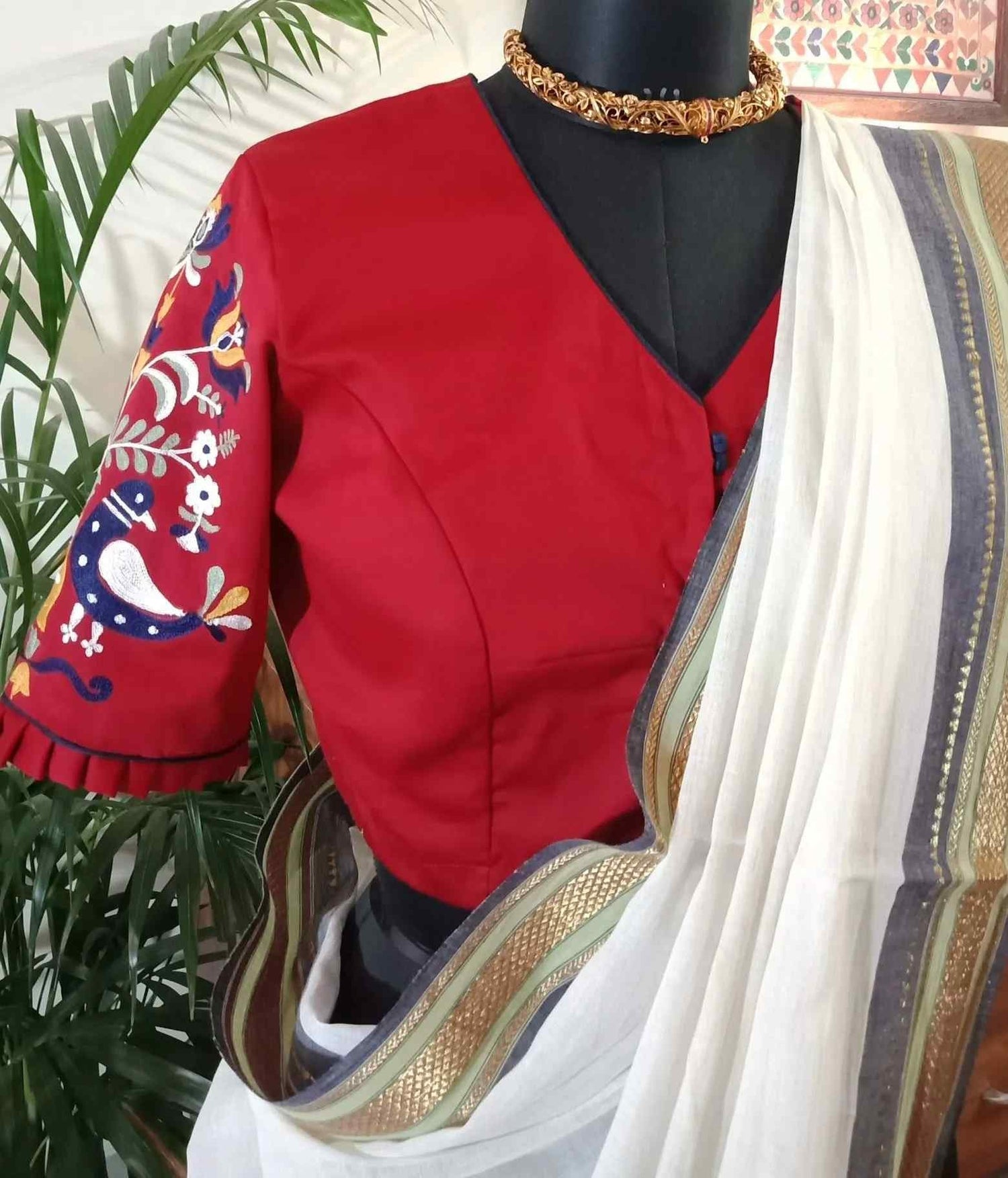 Red Cotton Readymade Blouse with Embroidered Sleeves | Godhuli