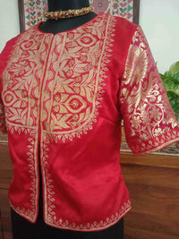 Red Gaji Silk Aari Work Readymade Blouse | Godhuli
