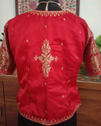 Red Gaji Silk Aari Work Readymade Blouse | Godhuli