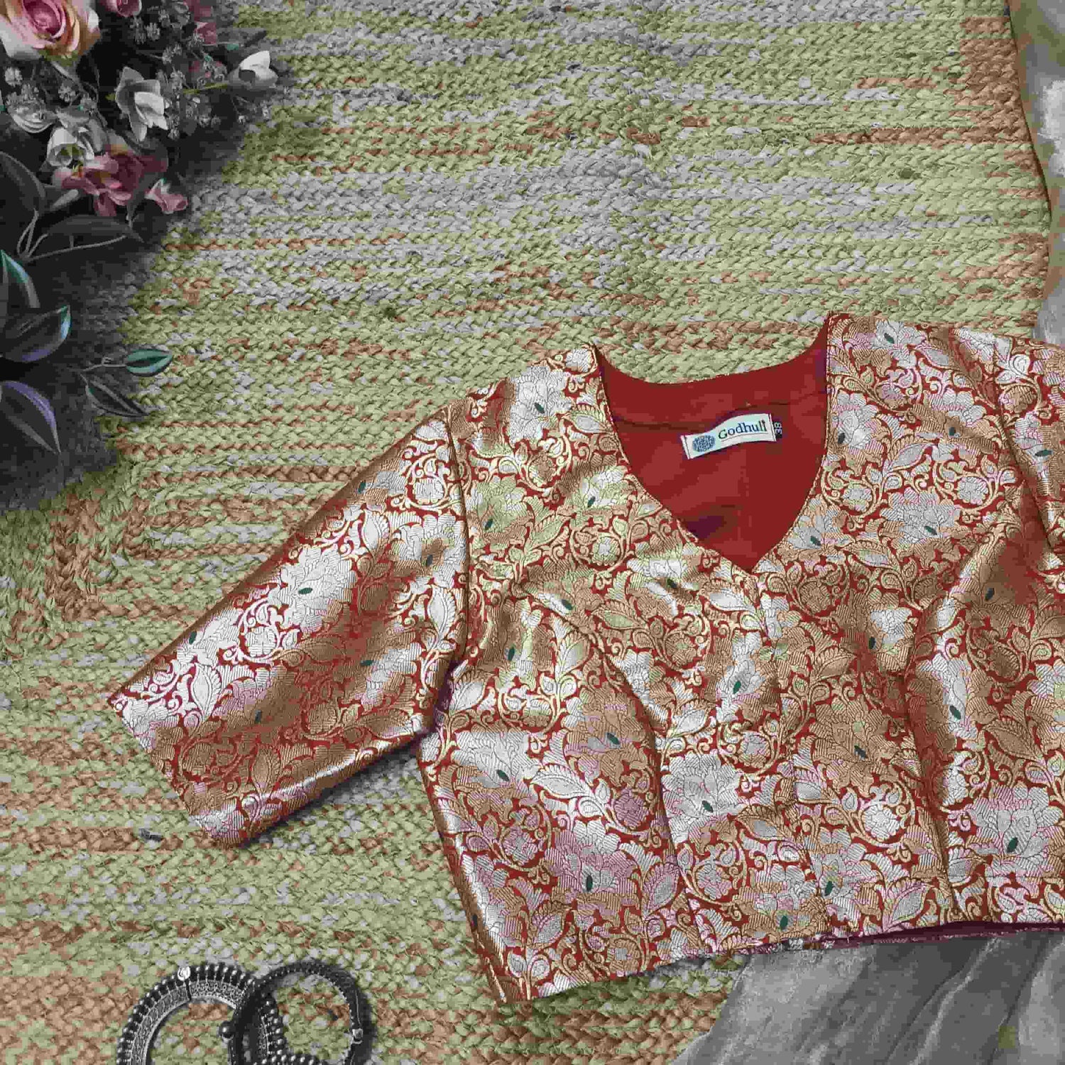 Red Banarasi Brocade Readymade Blouse | Godhuli