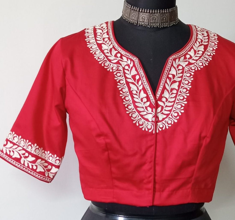 Red Readymade Blouse in off white Aari work Embroidery | Godhuli