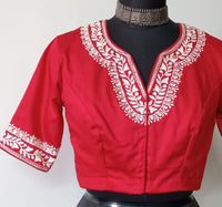 Red Readymade Blouse in off white Aari work Embroidery | Godhuli