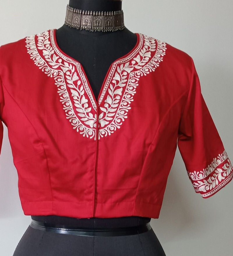 Red Readymade Blouse in off white Aari work Embroidery | Godhuli