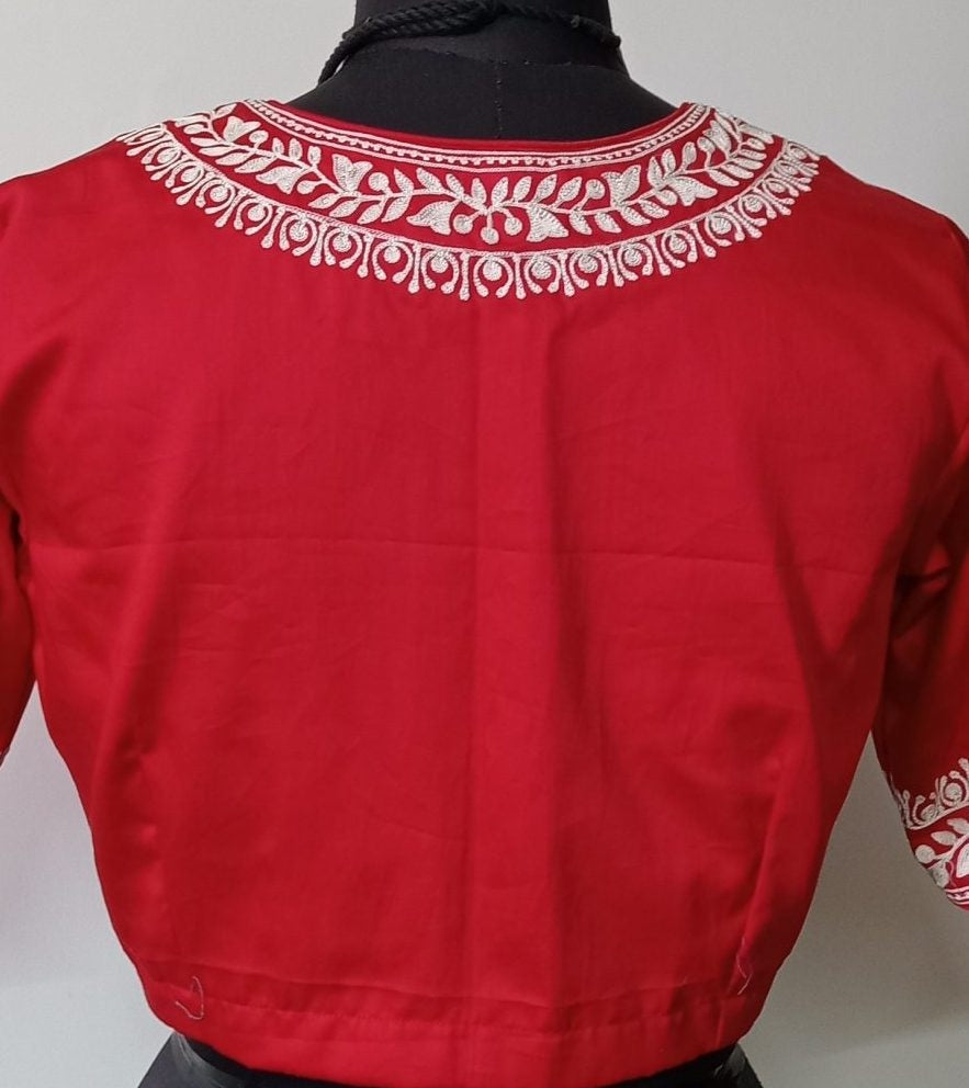 Red Readymade Blouse in off white Aari work Embroidery | Godhuli