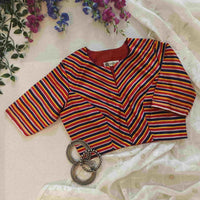 Red Blue Yellow Stripes Multicoloured Gaji Silk Readymade Blouse | Godhuli