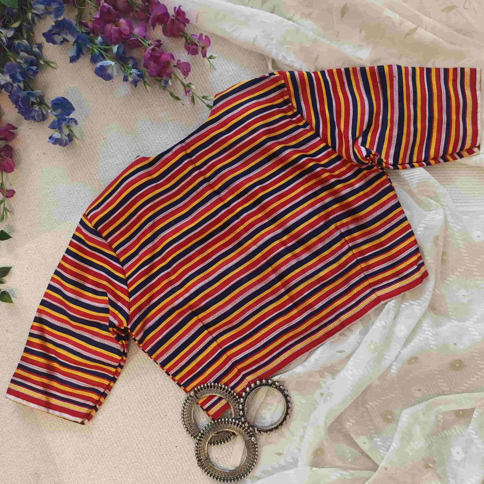 Red Blue Yellow Stripes Multicoloured Gaji Silk Readymade Blouse | Godhuli
