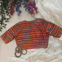 Red Blue Yellow Stripes Multicoloured Gaji Silk Readymade Blouse | Godhuli