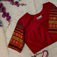 Red Colour Readymade Blouse with Jacquard Sleeves| Godhuli