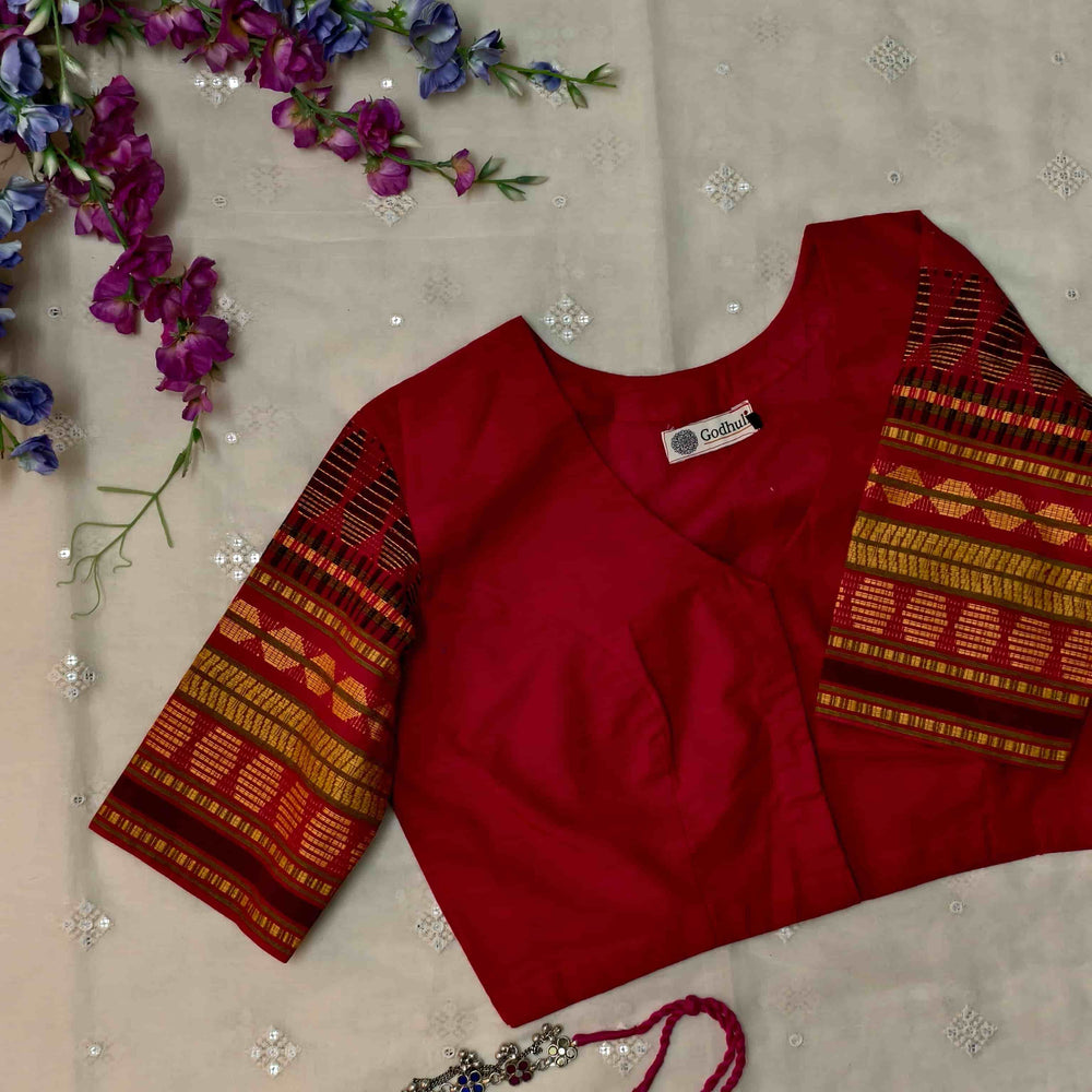 Red Colour Readymade Blouse with Jacquard Sleeves| Godhuli