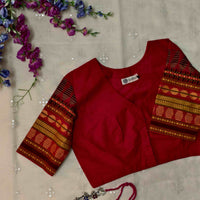 Red Colour Readymade Blouse with Jacquard Sleeves| Godhuli