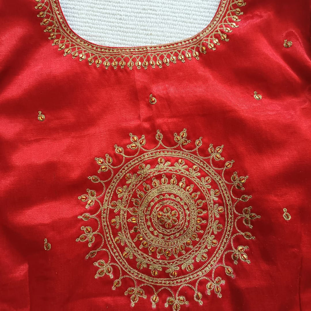 Red Gaji Silk Brocade Sleeves Aari Work Readymade Blouse | Godhuli