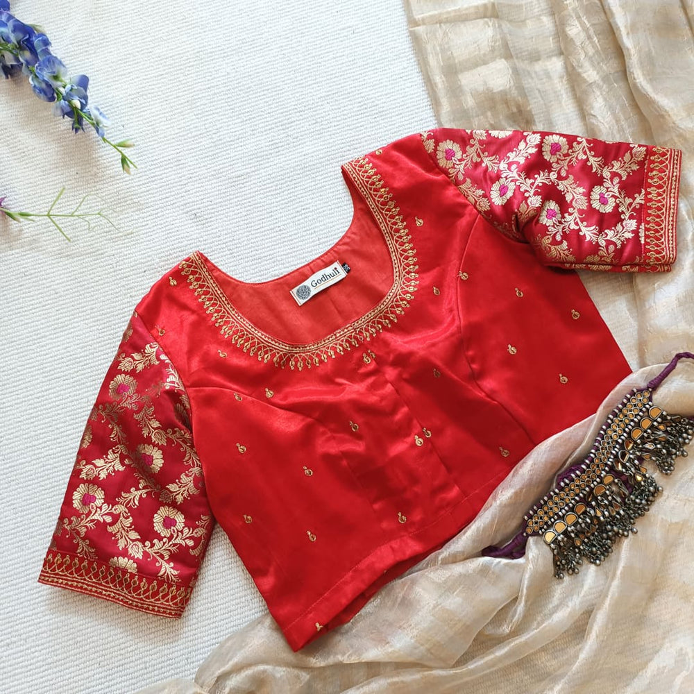 Red Gaji Silk Brocade Sleeves Aari Work Readymade Blouse | Godhuli