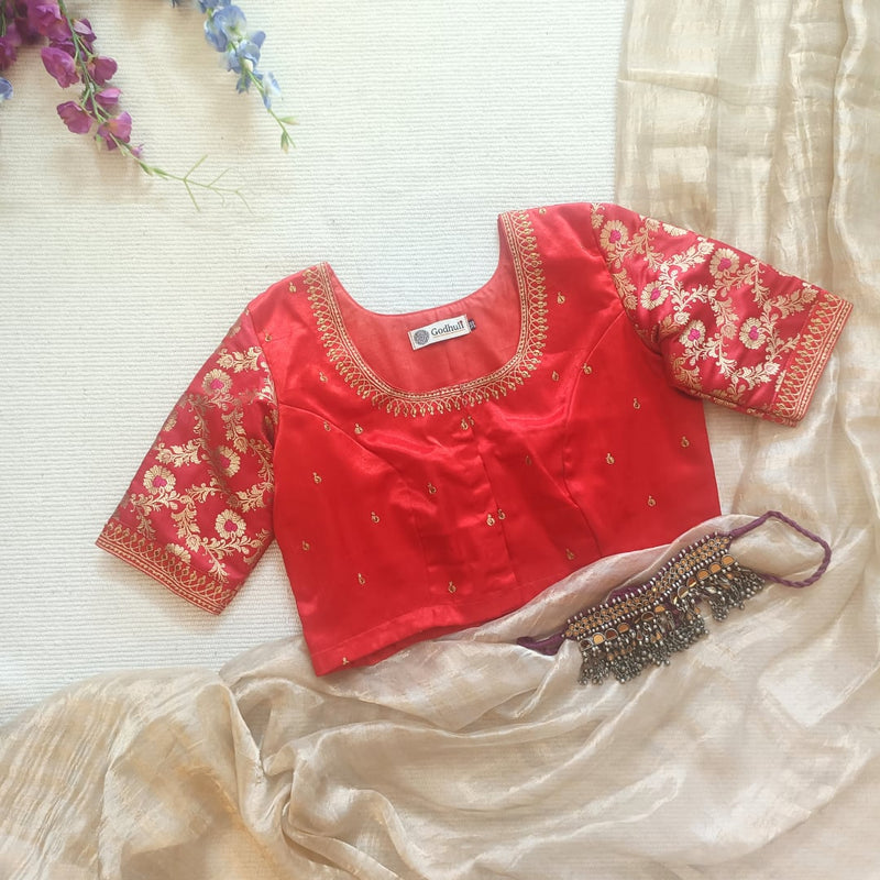 Red Gaji Silk Brocade Sleeves Aari Work Readymade Blouse | Godhuli