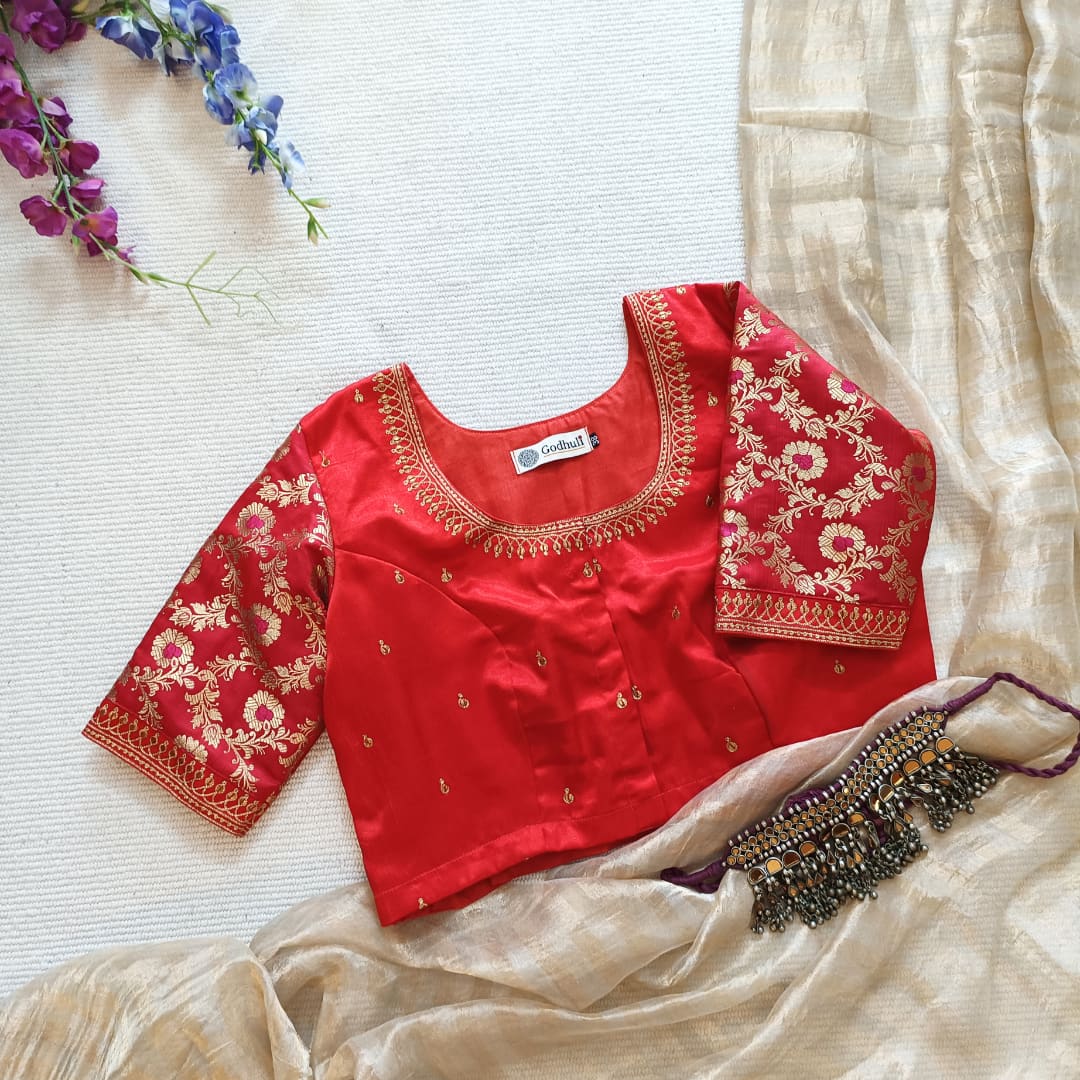 Red Gaji Silk Brocade Sleeves Aari Work Readymade Blouse | Godhuli