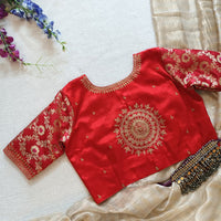 Red Gaji Silk Brocade Sleeves Aari Work Readymade Blouse | Godhuli