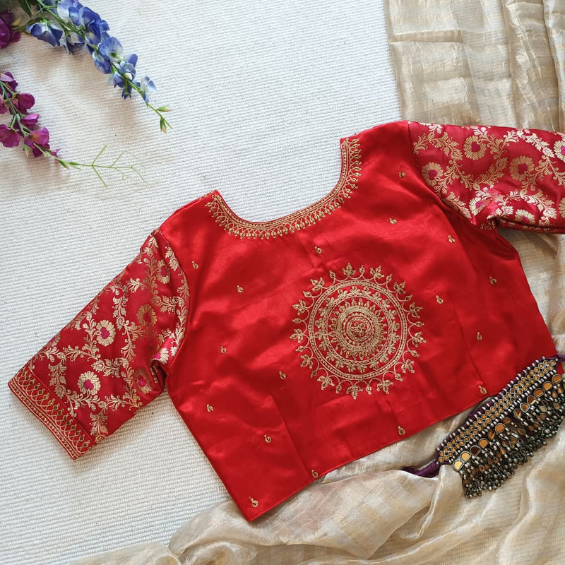Red Gaji Silk Brocade Sleeves Aari Work Readymade Blouse | Godhuli
