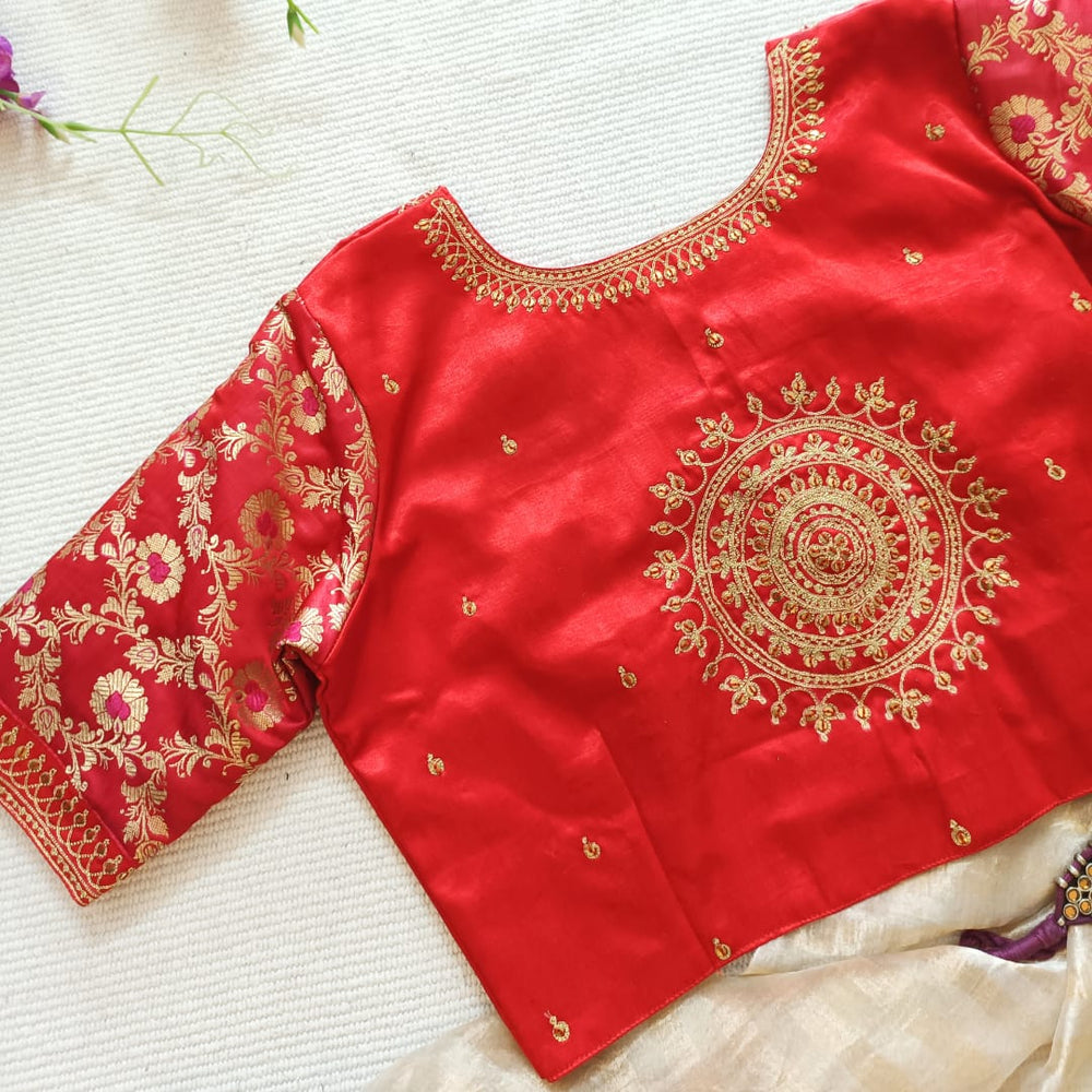 Red Gaji Silk Brocade Sleeves Aari Work Readymade Blouse | Godhuli