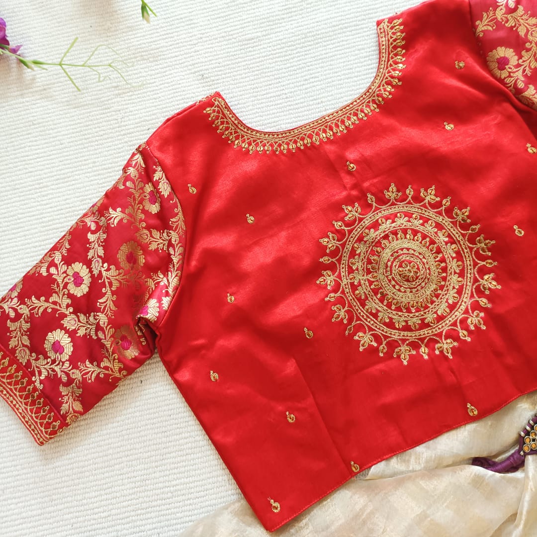 Red Gaji Silk Brocade Sleeves Aari Work Readymade Blouse | Godhuli