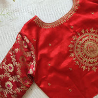 Red Gaji Silk Brocade Sleeves Aari Work Readymade Blouse | Godhuli