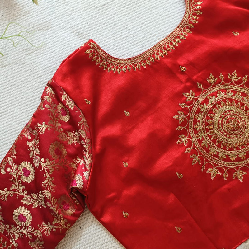 Red Gaji Silk Brocade Sleeves Aari Work Readymade Blouse | Godhuli