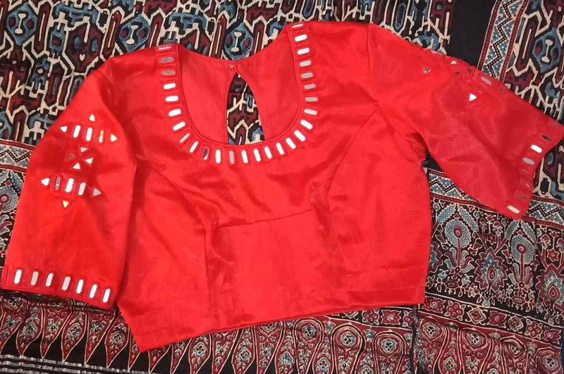 Red Gaji Silk Mirror Work Readymade Blouse | Godhuli