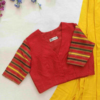 Red Handwoven Gaji Silk Readymade Blouse with Multicoloured Stripes Sleeves | Godhuli