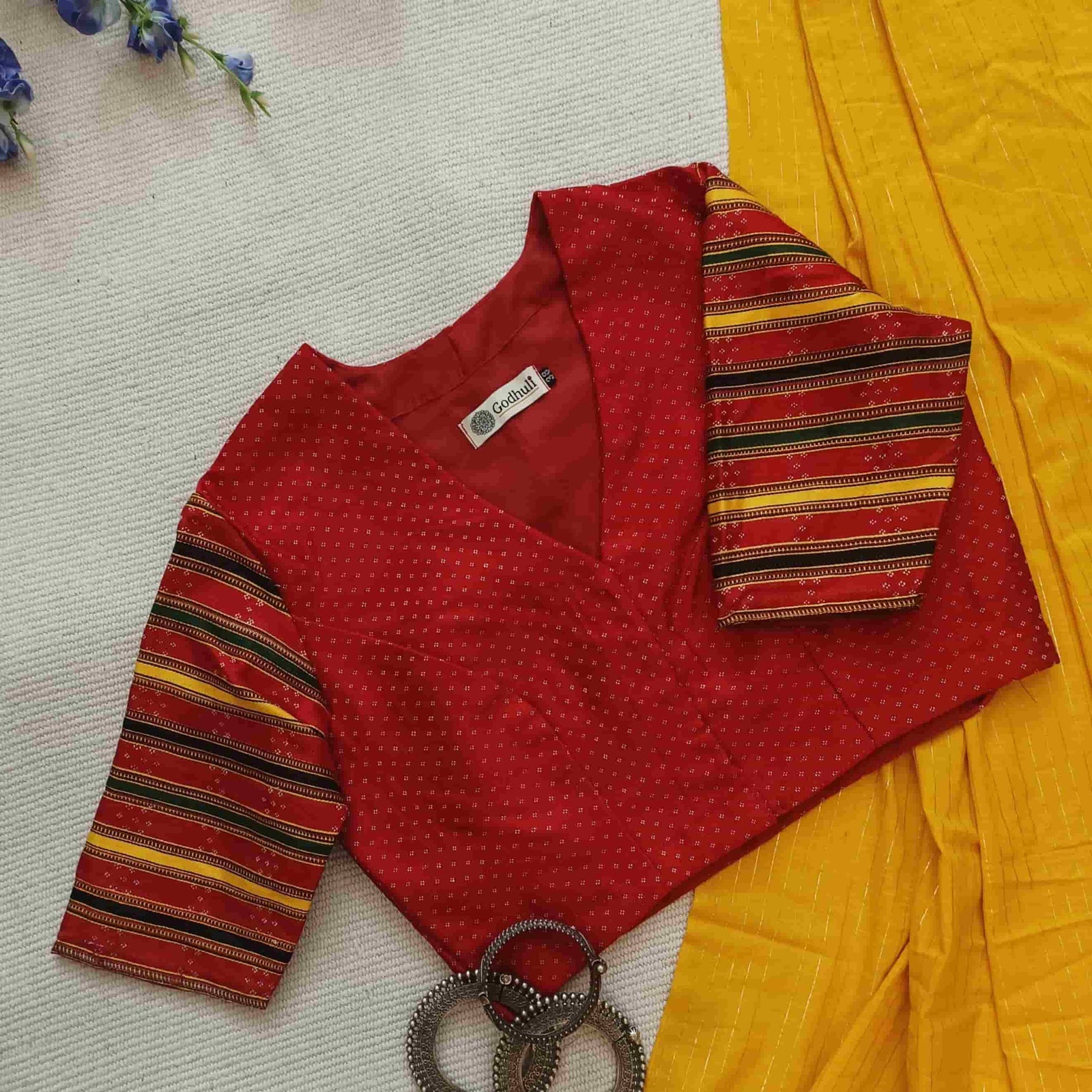 Red Handwoven Gaji Silk Readymade Blouse with Multicoloured Stripes Sleeves | Godhuli