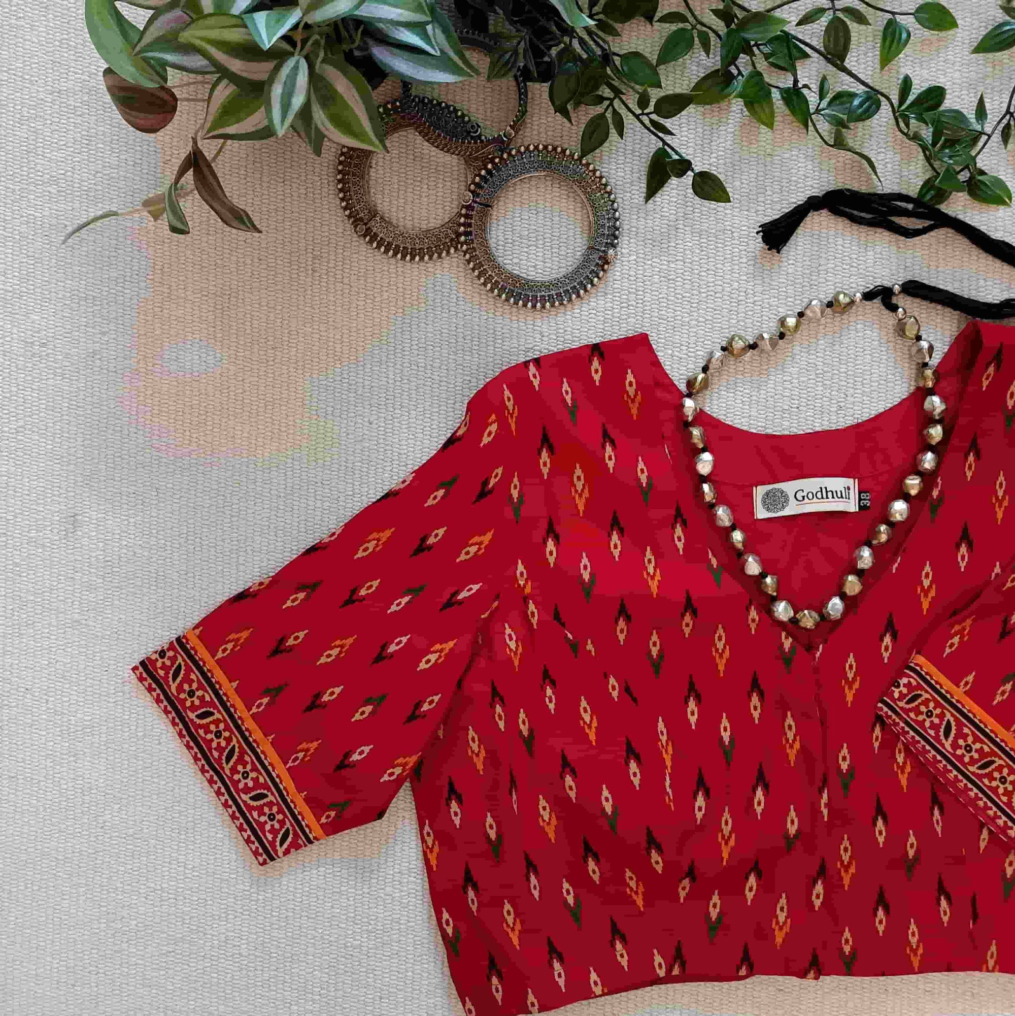 Red Ikat Print Gamathi Cotton Readymade Blouse | Godhuli