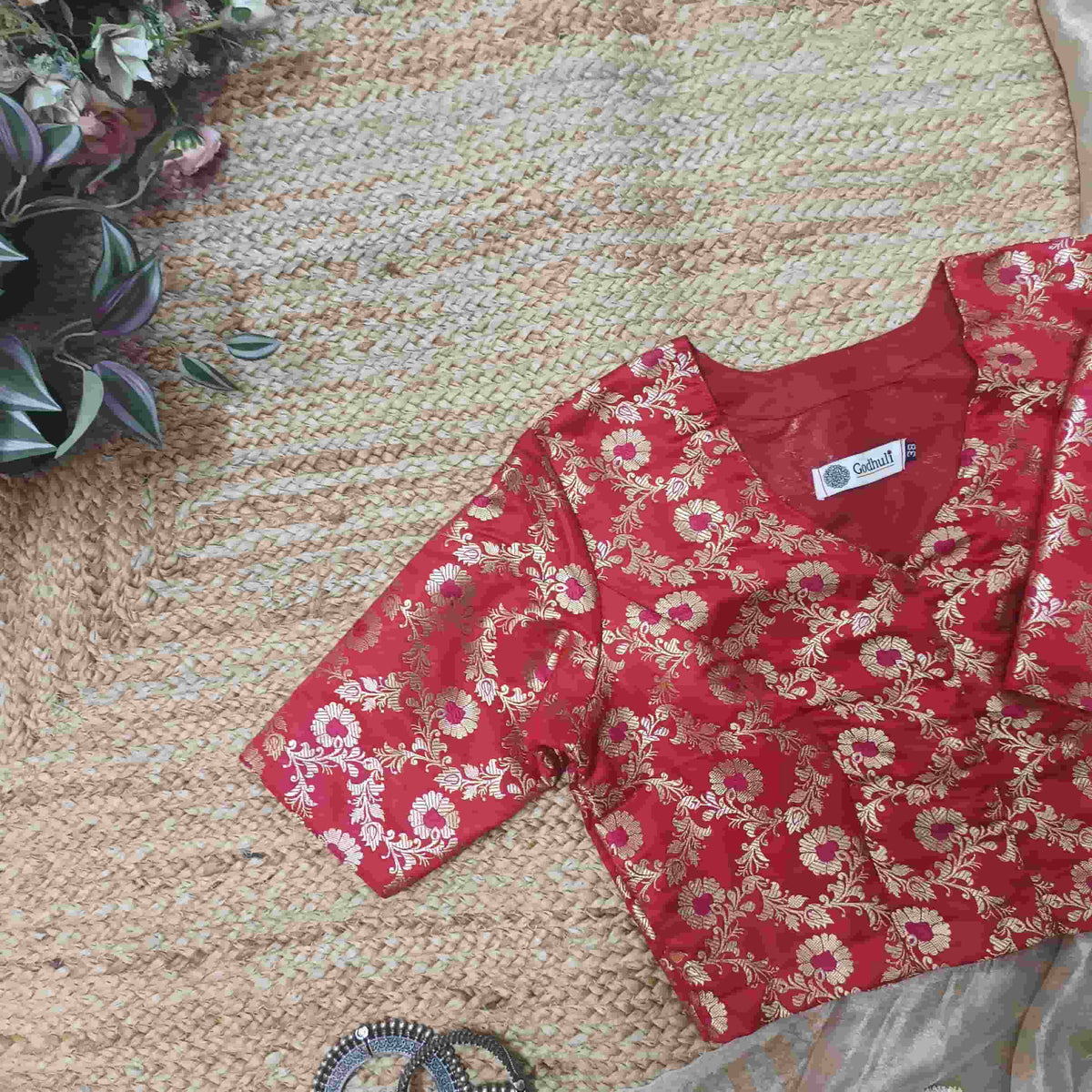 Red Jaal Banarasi Brocade Readymade Blouse | Godhuli